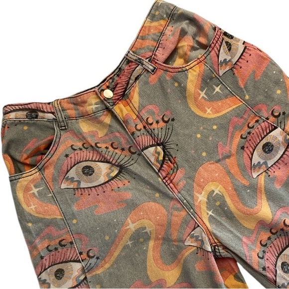 None Denim - Evil eye super wide legged denim jeans button & zipper unbranded